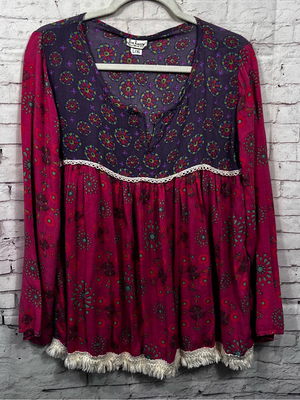 Natural Life Large / XL Long Sleeve Pink Purple Blouse Boho